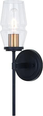 VAXCEL Warren 1-Light 4.75 inch Wide Matte Black and Brushed Brass Gold Mid-Century Modern Bathroom Vanity Lighting Fixture, Clear Glass Shade, Dimmable, LED Compatible, Wall Mounted Steel Sconce