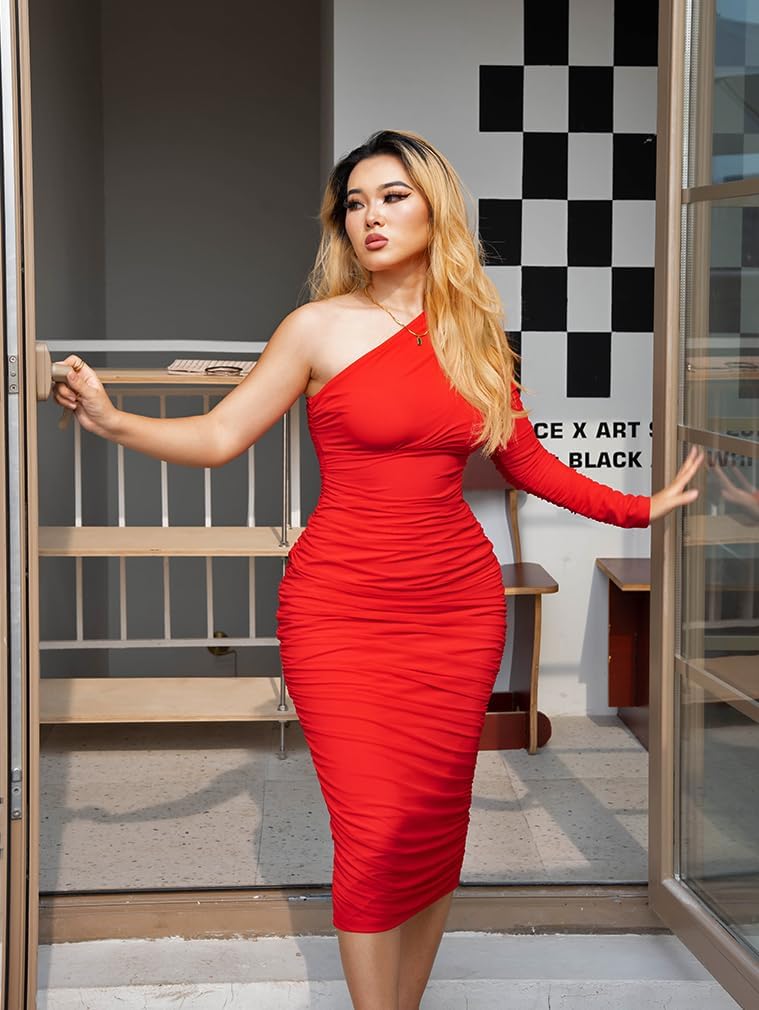 LAGSHIAN Women's Elegant Bodycon One Shoulder Long Sleeve Ruched Midi Cocktail Party Dress - Image 2