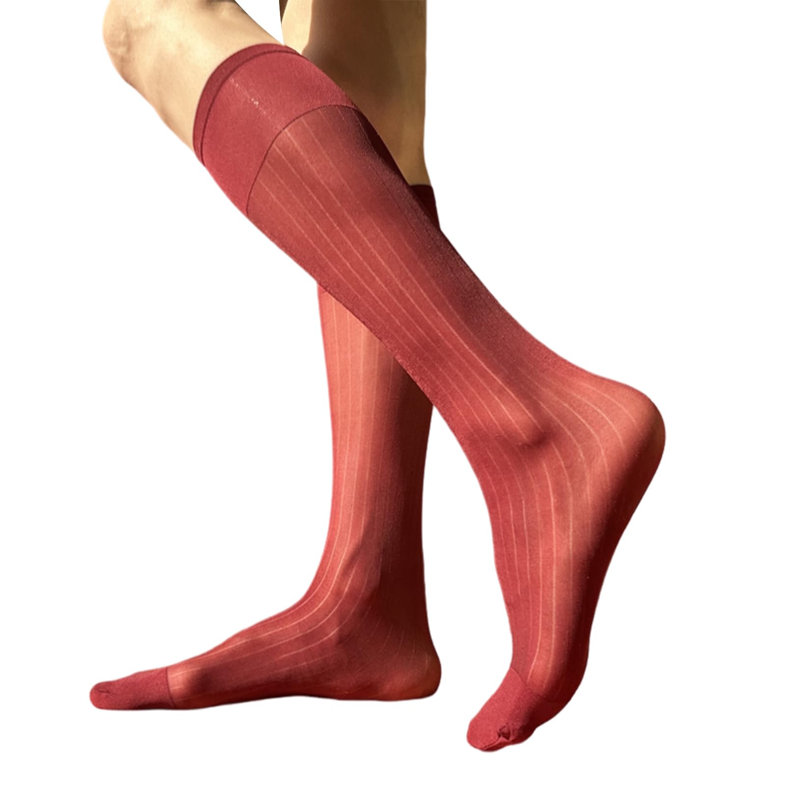 Socks,Mens Thin Silk Formal Dress Suit Socks Clear Sheer Over the Calf Tube Socks Male Business Dress Wide Striped Long Socks