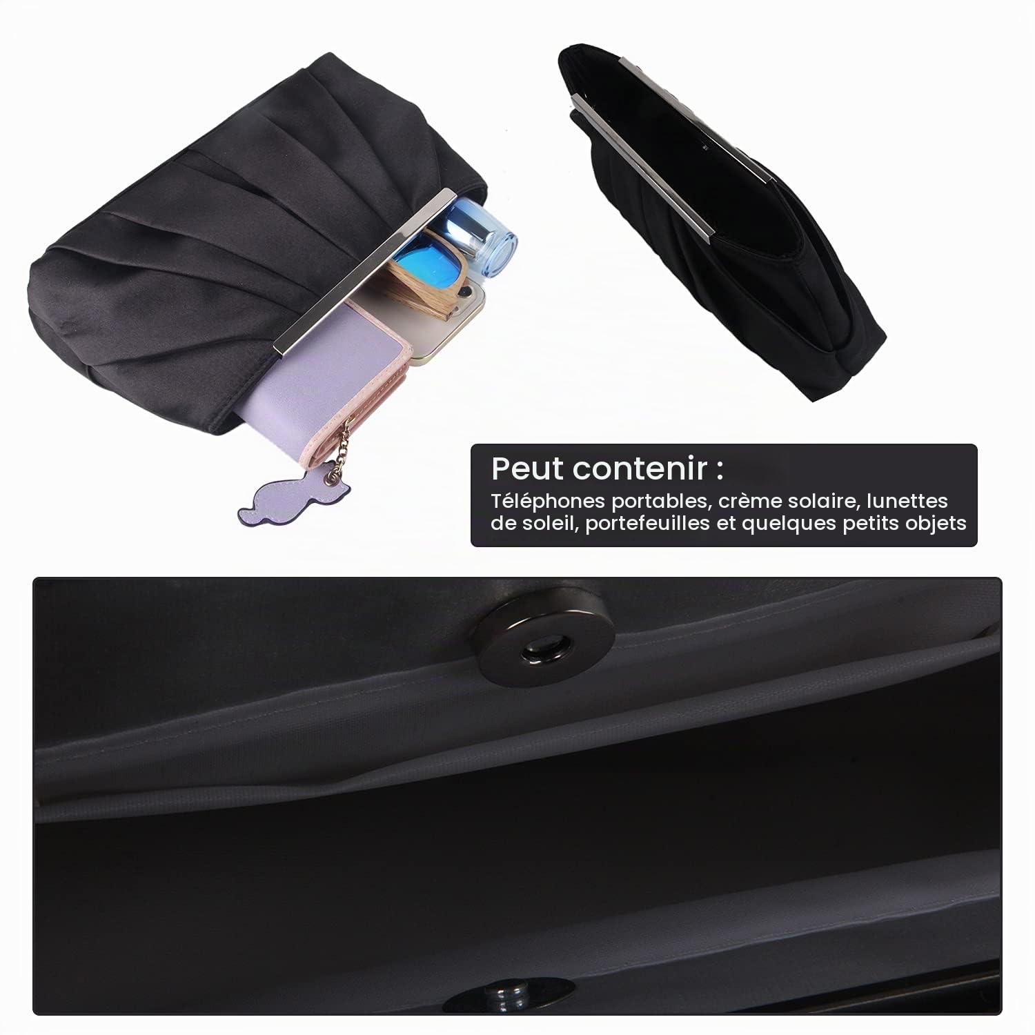 Sac de soirée en satin pour femme Élégant sac à main de soirée plissé en satin pour femme Argenté Sac à main de mariage