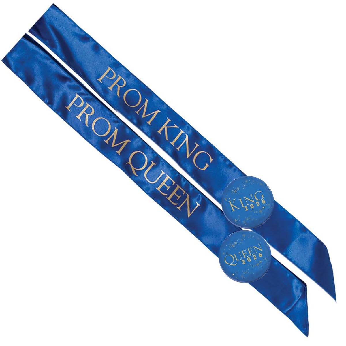 Anderson's Prom Royalty Sash Set, Blue & Gold King and Queen Sashes with 2026 Keepsake Buttons for High School Proms, Formals, Banquets, and Student