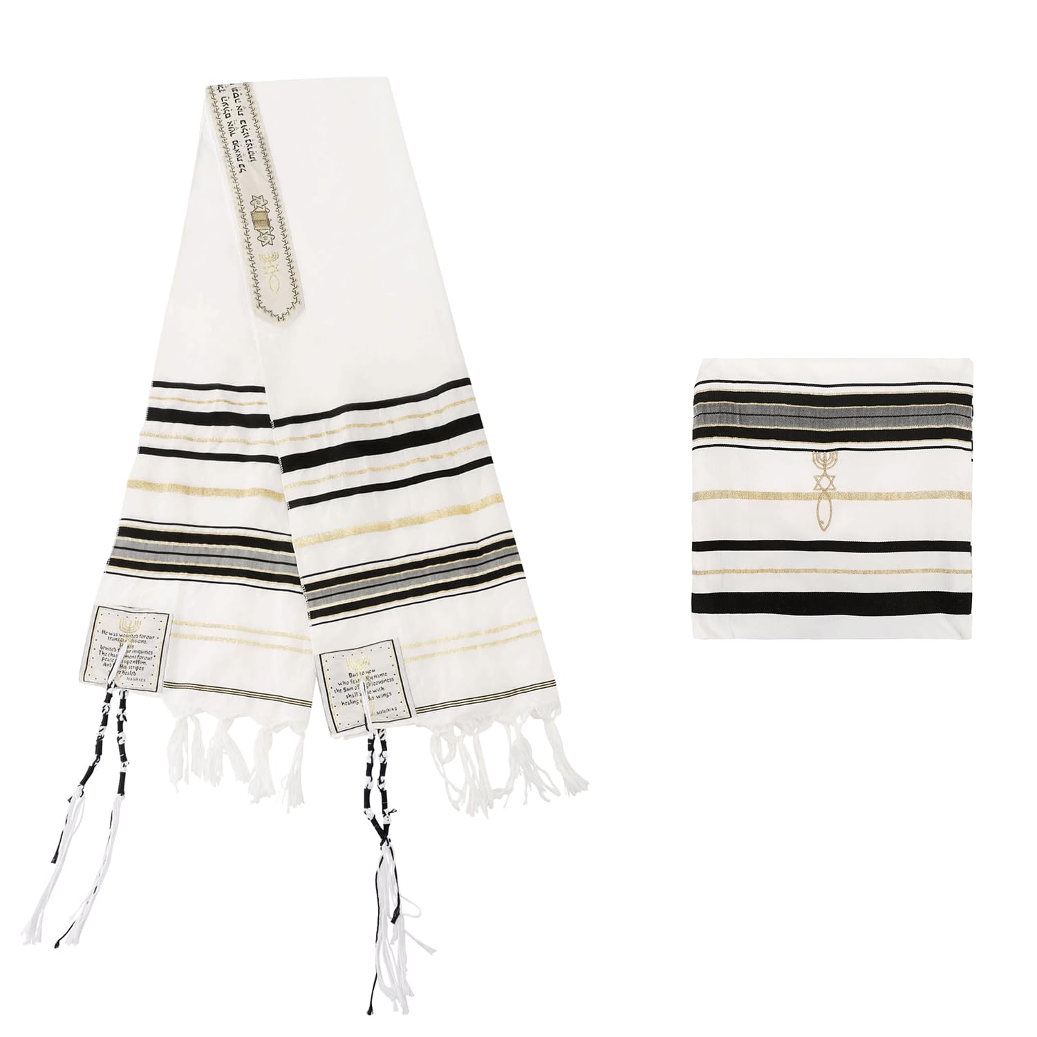 BRTAGG Tallit Prayer Shawl English/Hebrew with Matching Bag (180 x 55cm, Black)