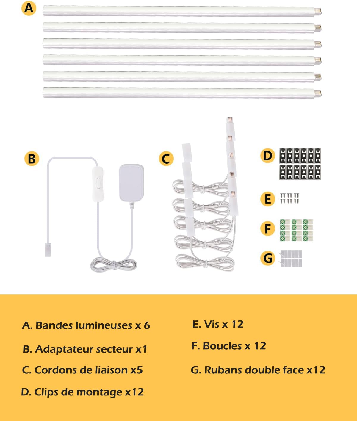 Cefrank Éclairage LED sous armoires 30 cm 1200 lumens 6000 K 6 pièces rampes lumineuses connectables