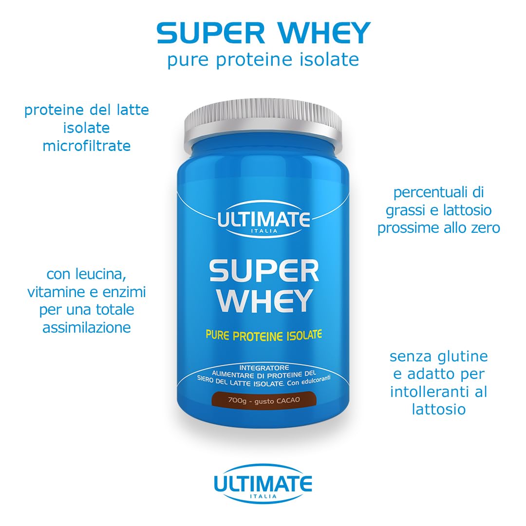 Ultimate Italia - Super Whey - 700g - gusto cacao - Proteine del siero del latte isolate e microfiltrate per un'assimilazione rapida e completa, senza glutine