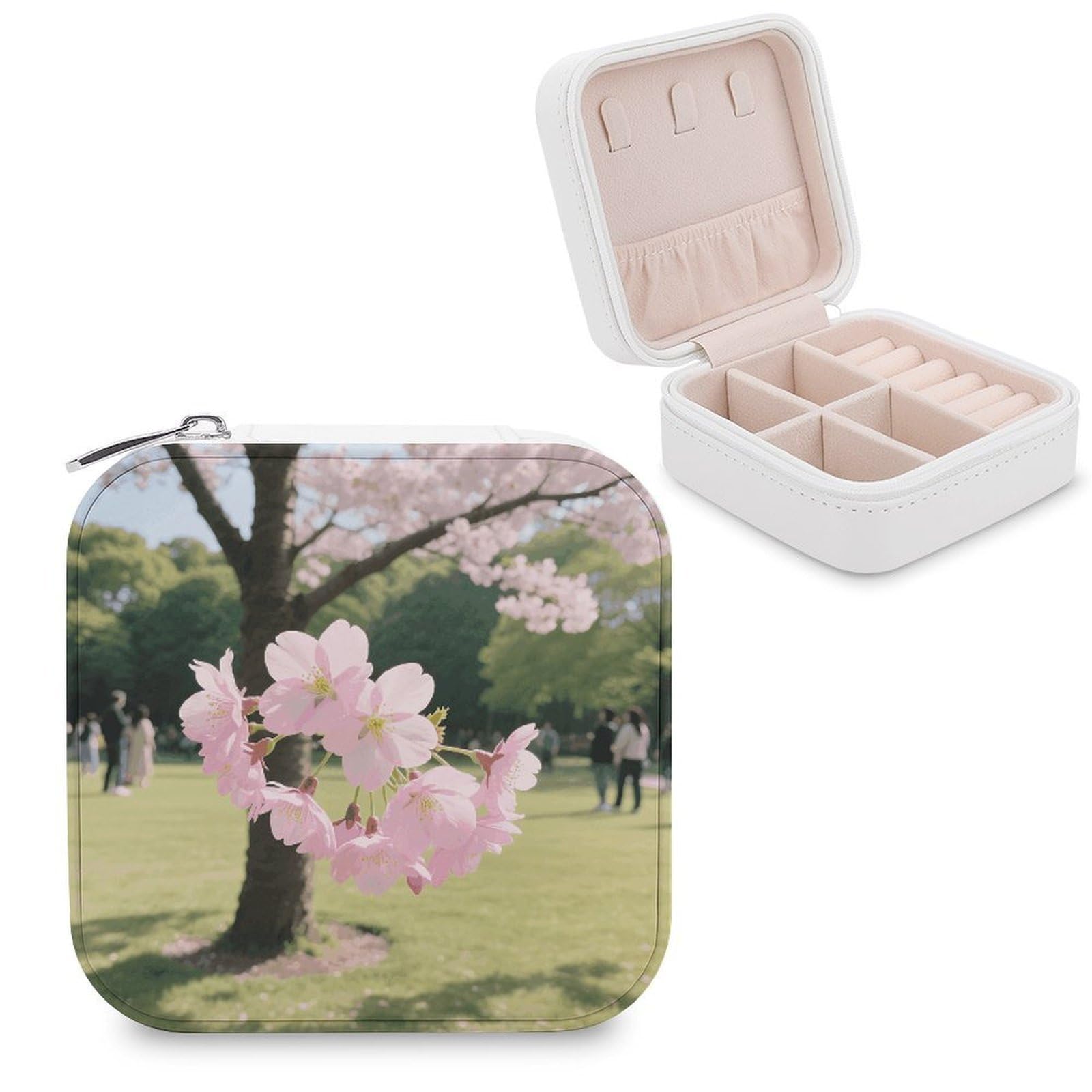 VstaDank Cherry Blossom Jewelry Organizer Travel Case for Women With Zipper Mini Jewelry Case PU Leather Jewelrys Box for Rings Necklaces Bracelets Earring Holder Organizer Storage