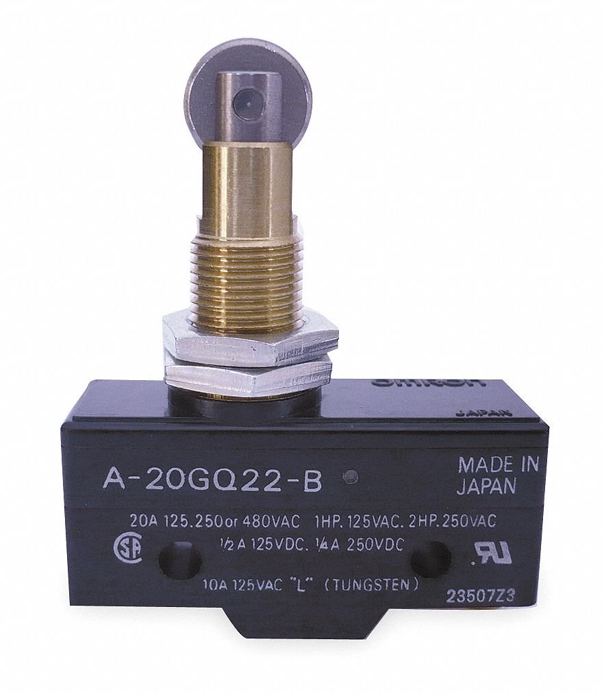 Omron A-20GQ22-B General Purpose Basic Switch, High Capacity, Panel Mount Roller Plunger, Screw Terminal, 0.5mm Contact Gap, 20A at 250VAC Rated Current