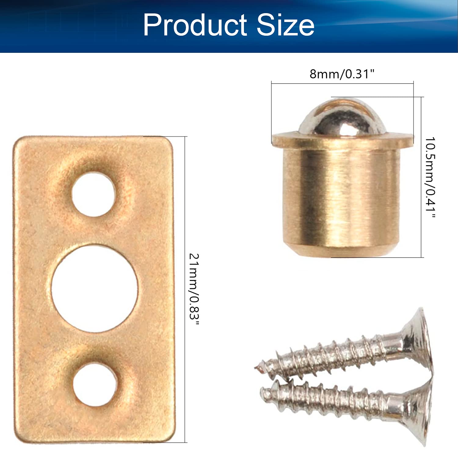 MroMax 10-Pack Brass Ball Plunger Catches - 8mm X 21mm For Cabinet Doors & Drawers