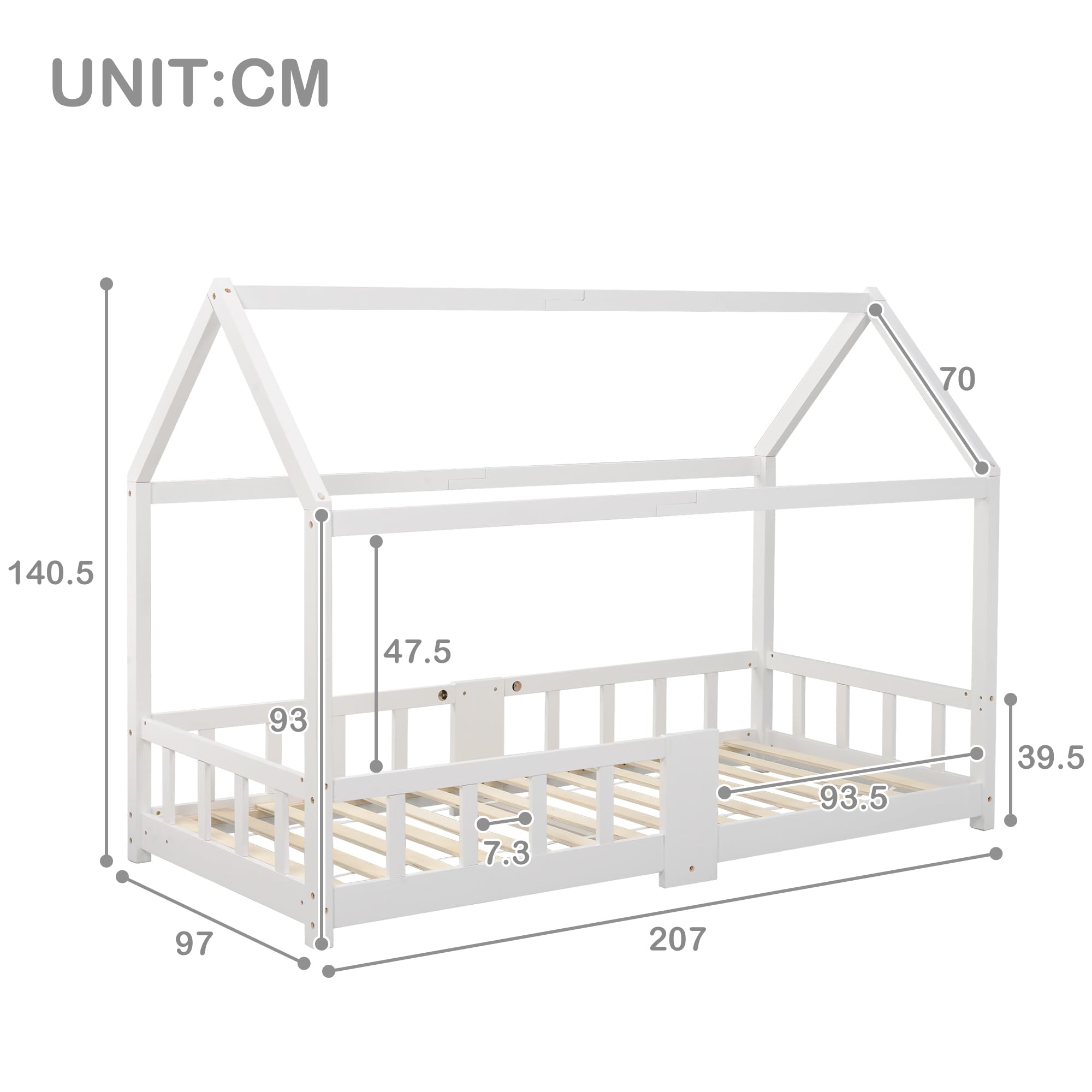 Cama infantil de 90 x 200 cm, cama de madera para habitación infantil, incluye somieres, protección anticaídas, de madera de pino blanco (sin colchón)