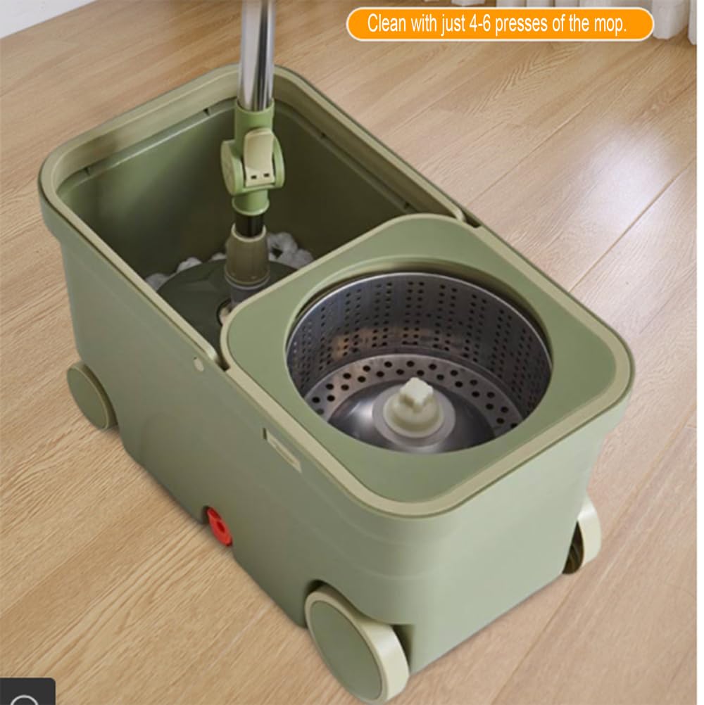 Juego de fregona giratoria y cubo con ruedas, fregona de microfibra | Mango ajustable de acero inoxidable, cabezal de fregona giratorio de 360°, sistema de limpieza de fregona perezosa