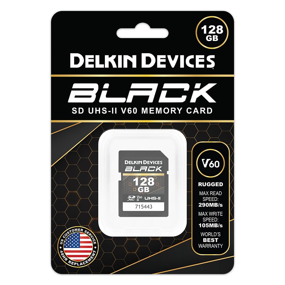 Delkin Devices Scheda di memoria SDXC resistente nera, UHS-II, C10, U3, V60, video Full HD e 8K, velocità fino a 290 MB/s in lettura, 190 MB/s in scrittura, ideale per fotografi e videografi (128 GB)