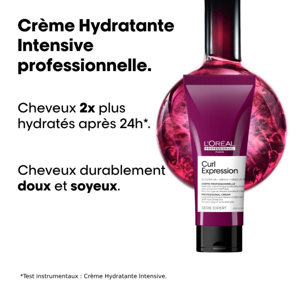 L'OREAL PROFESSIONNEL - Crème Cheveux Bouclés Hydratante Intensive Curl Expression - Soin Sans Rinçage Cheveux Bouclés, Frisés & Crépus - Hydratation 24H & Thermoprotection - Glycérine & Urée- 200 ml