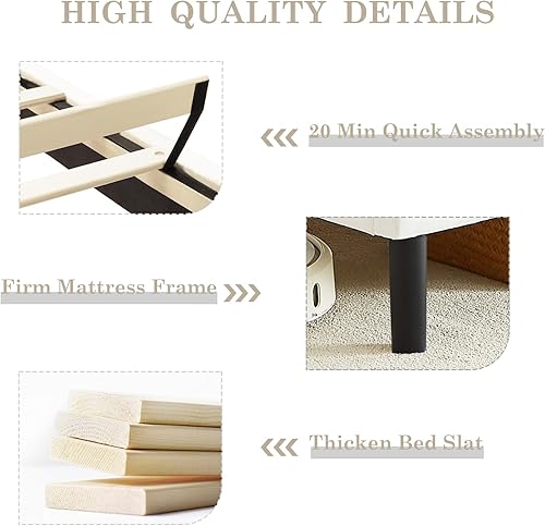 Miniatura 11 de Flolinda Base de cama tamaño King con cabecera tapizada de terciopelo ajustable y soporte de listones de madera, base de colchón tapizada, no