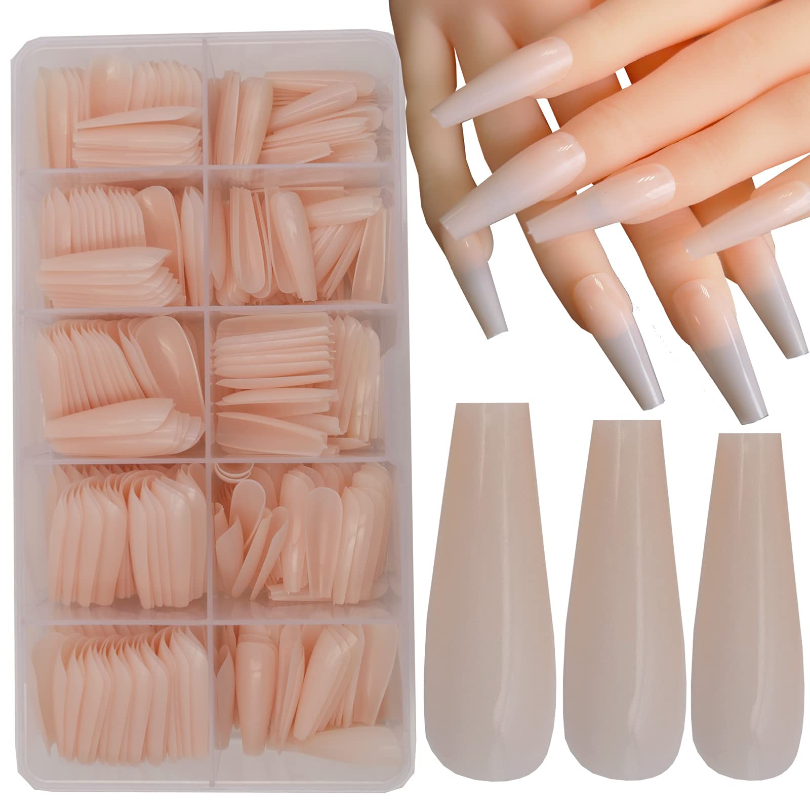 LuckForever500pc Nude Pink Coffin False Nails Press on Full Cover Ballerina Fake Acrylic Nail Tips Manicure Fingernails Design Decor with Case for Women Girls Home Salon DIY (Nude)