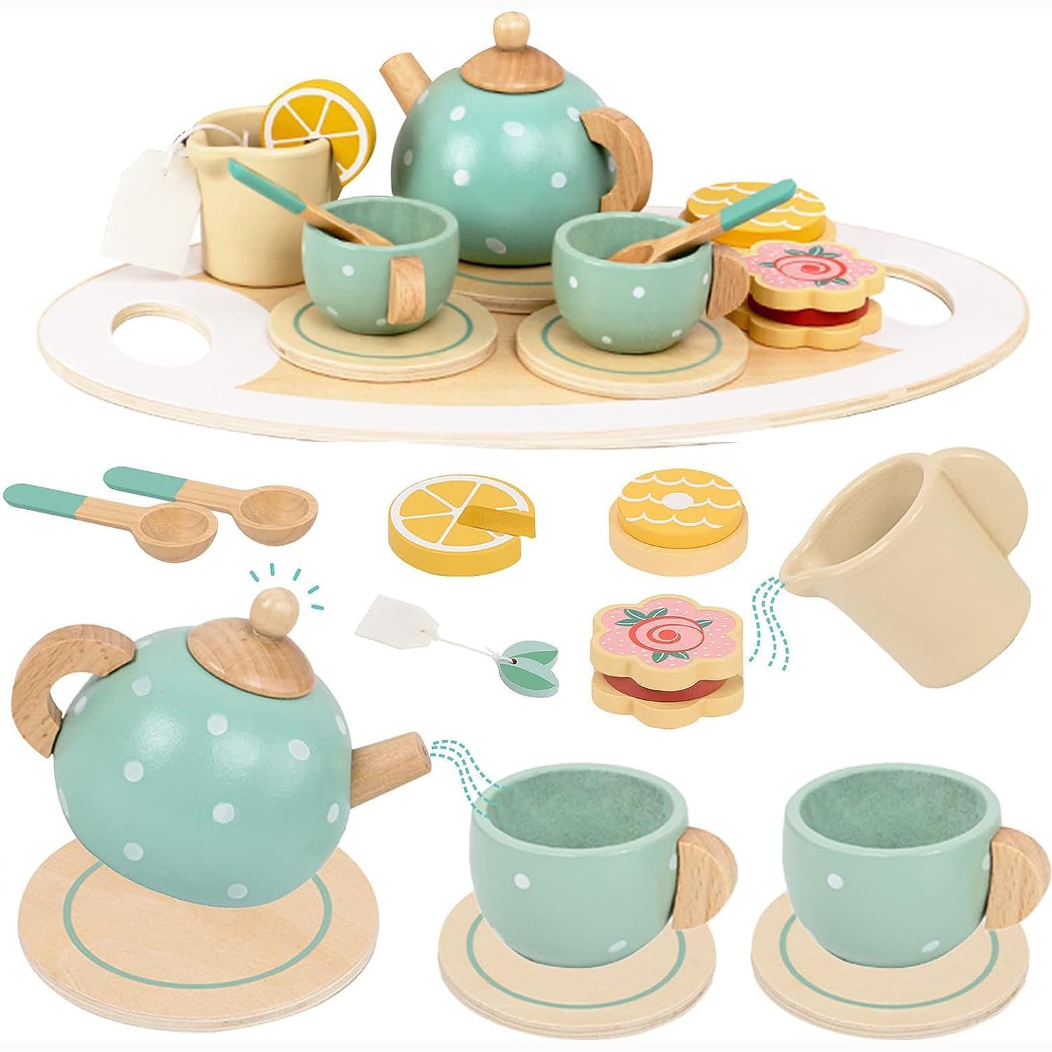 Wooden Tea Party Set for Little Girls Boys,Afternoon Tea Toy ,Pretend Play Kids Tea Toy Set play Kitchen Accessories for Kids Tea Party Toys