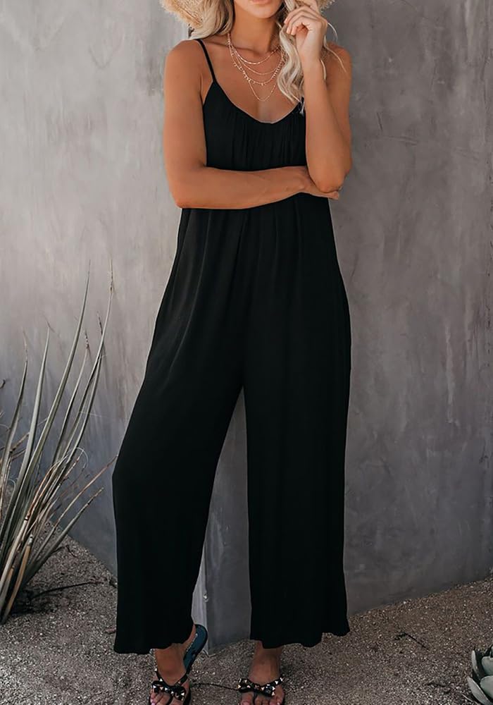Combinaison longue femme col V Combinaison à jambes larges, poches et bretelles Coupe ample Style bohème Sans manches Tenue d’été
