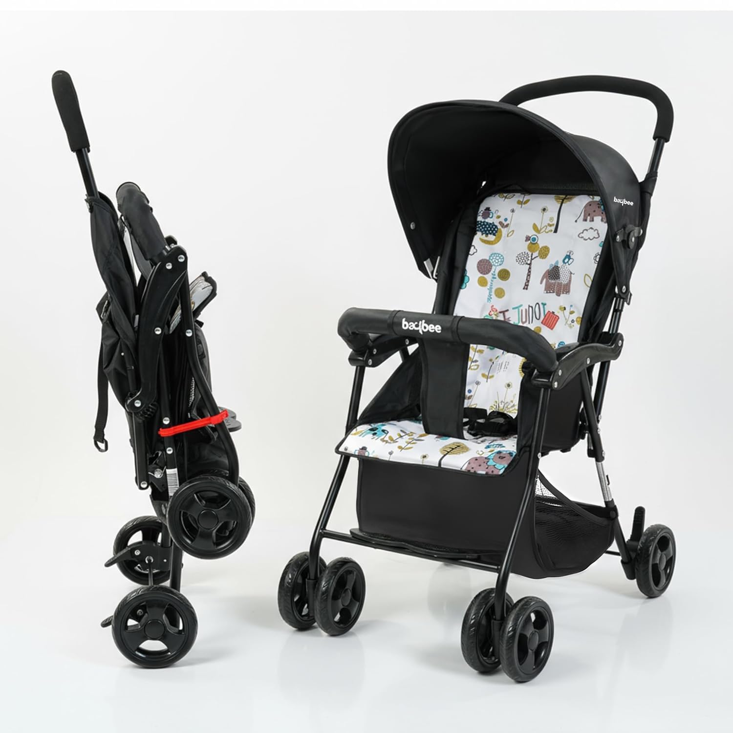 Tiny Foldable Baby Stroller Pram for Baby Boy & Girl 0–3 Years | Lightweight Baby Trolley with Canopy, 2-Position Seat, Parent Handle & 2-Point Safety Belt (Black)