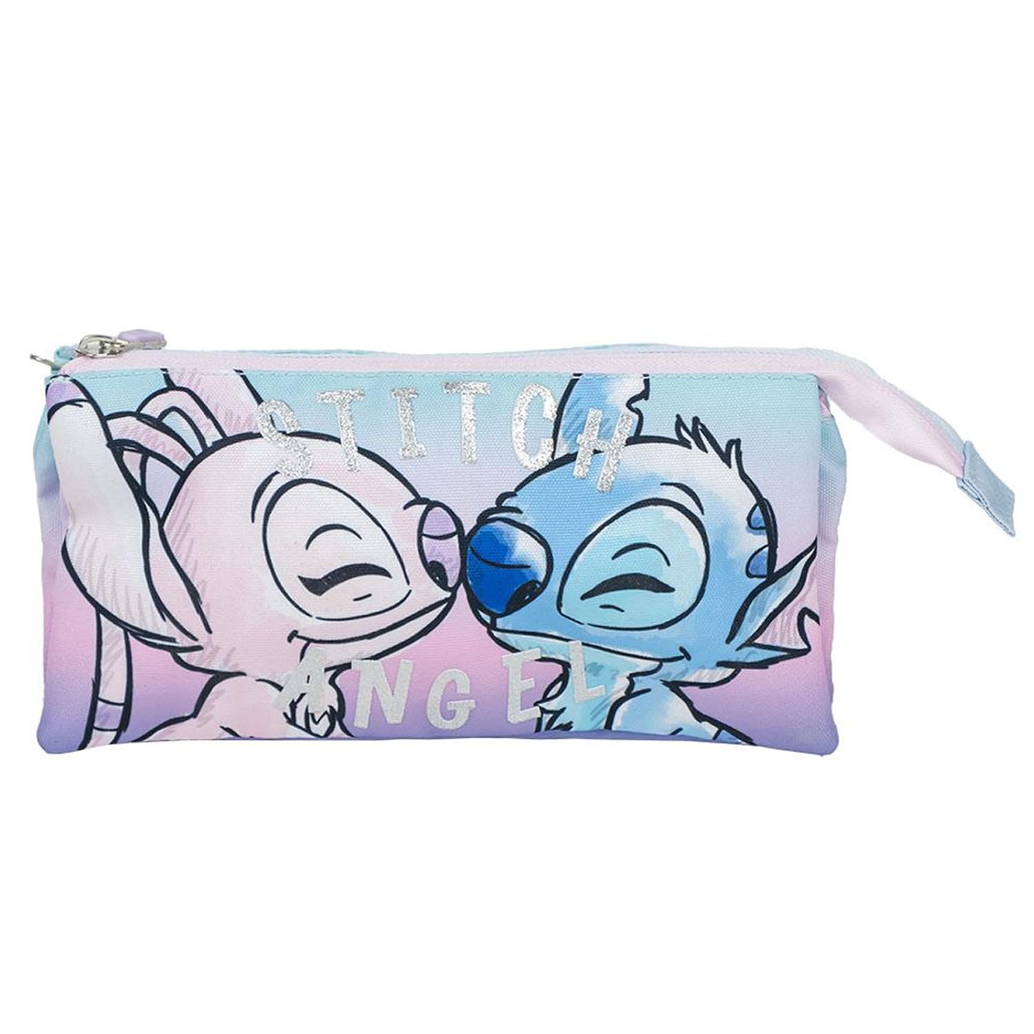 CERDÁ LIFE'S LITTLE MOMENTS Estuche de 3 Compartimentos de Stitch - Color Lila - 11,5 x 2 x 22,5 cm - Cierre de Cremallera - Estampado de Stitch y Ángel - Producto Original Diseñado en España