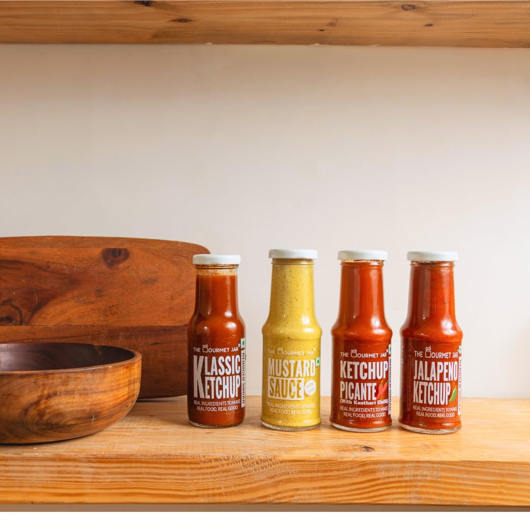 - The Gourmet Jar Saucy Squad 885 g| 100% Natural & No Preservatives| Ketchup & Mustard Combo| Low Calorie| Pack of 4