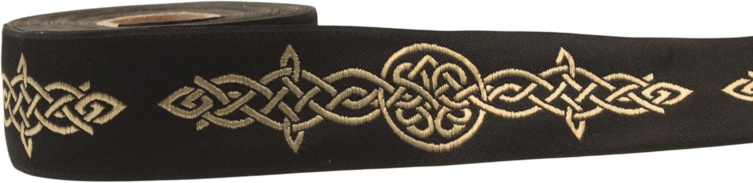 Celtic Jacquard Ribbon Trim 1.37" x 11 Yards Woven Knot Braid for Costume Sewing Black Gold Handfasting Medieval Wedding DIY Craft Decor Fabric Border CNK37