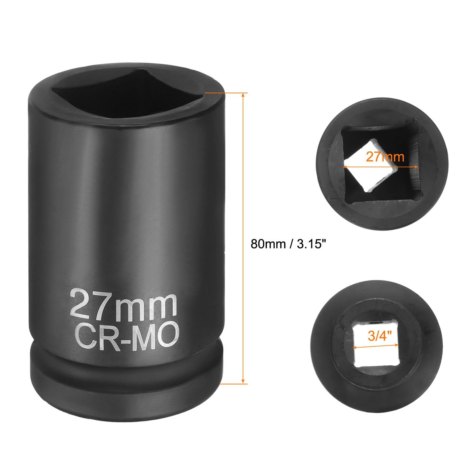 sourcing map Lot de 3 douilles carrées à 4 points - Entraînement de 3/4" - 27 mm - Douille à choc carrée CR-MO - Manchon de roue standard - Outil pour réparation automobile, entretien mécanique