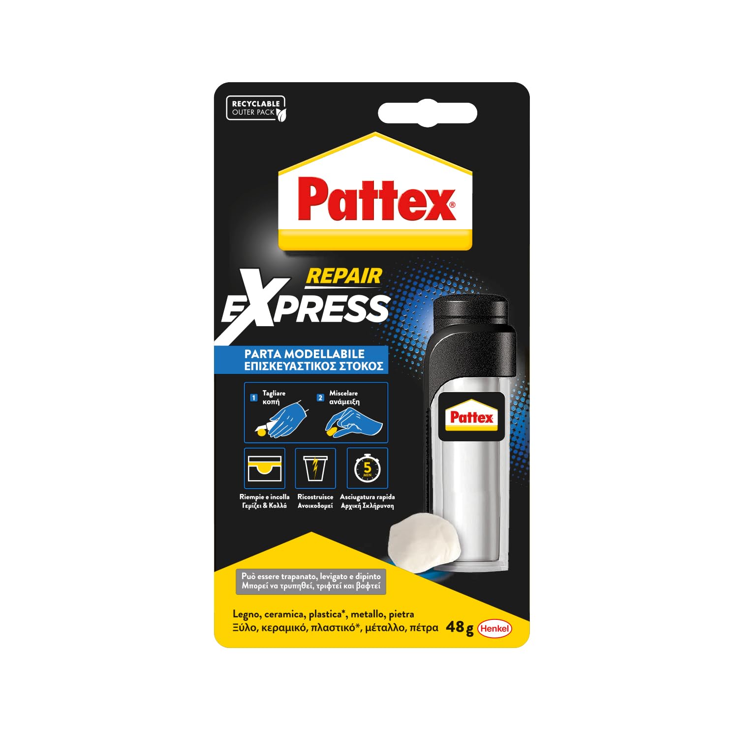 Pattex Riparatutto Express Aquastop, Colla Epossidica Bicomponente Resistente all'Acqua, Resina Epossidica Sigillante Ideale per Riparazioni, Colla Bicomponente Adatta per Diversi Materiali, 48 g