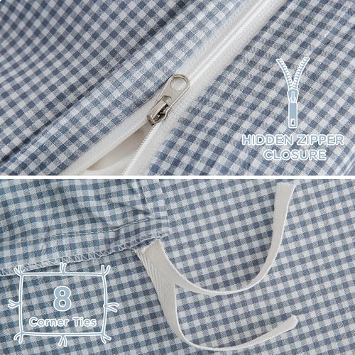 Image of TOCOMOA Mini Gingham Blue Duvet Cover Bedding Set 100% Washed Cotton Like Linen Feel Super Soft Comfortable 3 Piece Small Plaid Checkered Comforter Cover Set (King 104 inchx90 inch, Comforter Not Included)