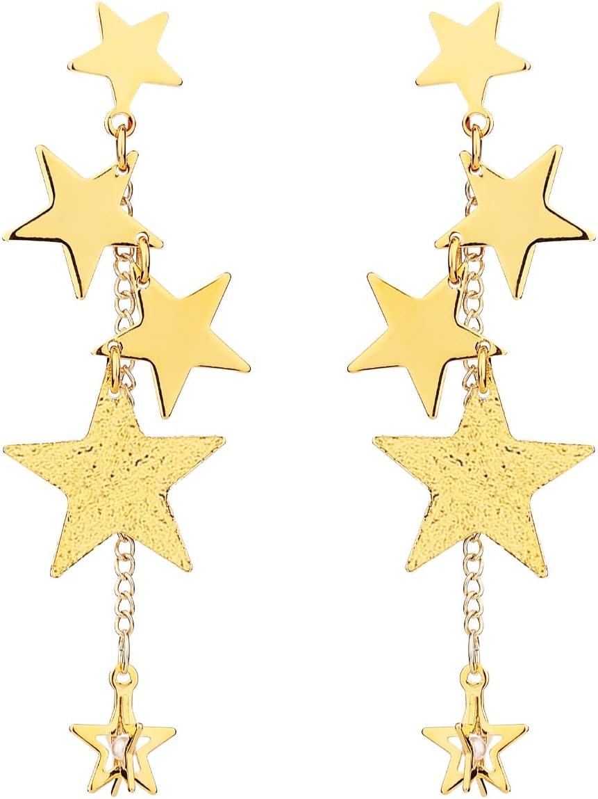 Star Dangle Earrings, 18K Gold Long Tassel Dangle Earrings