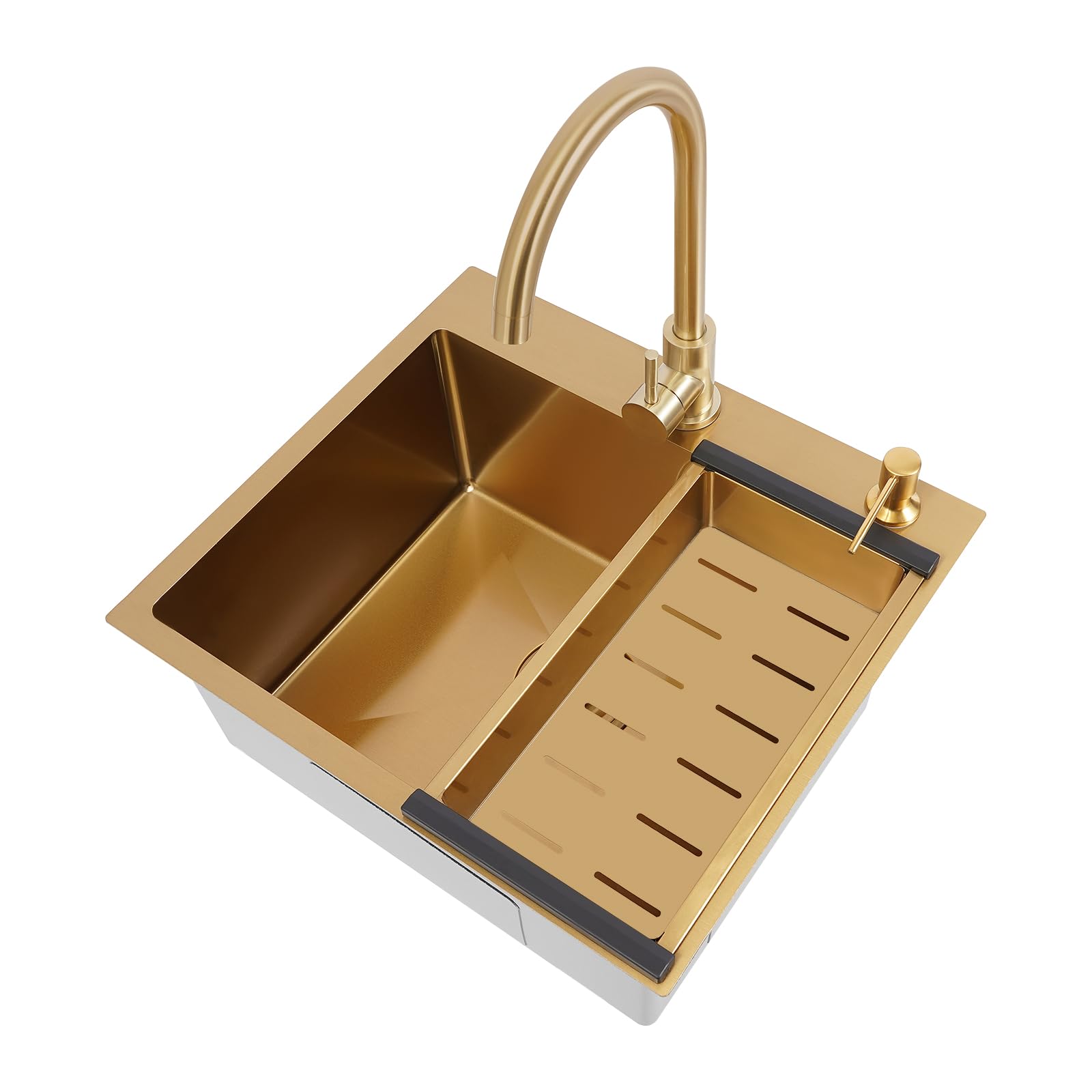 Fregadero de cocina de acero inoxidable 50x45 cm, fregadero de cocina de 1 seno, fregadero empotrable con grifo y escurridor, dorado