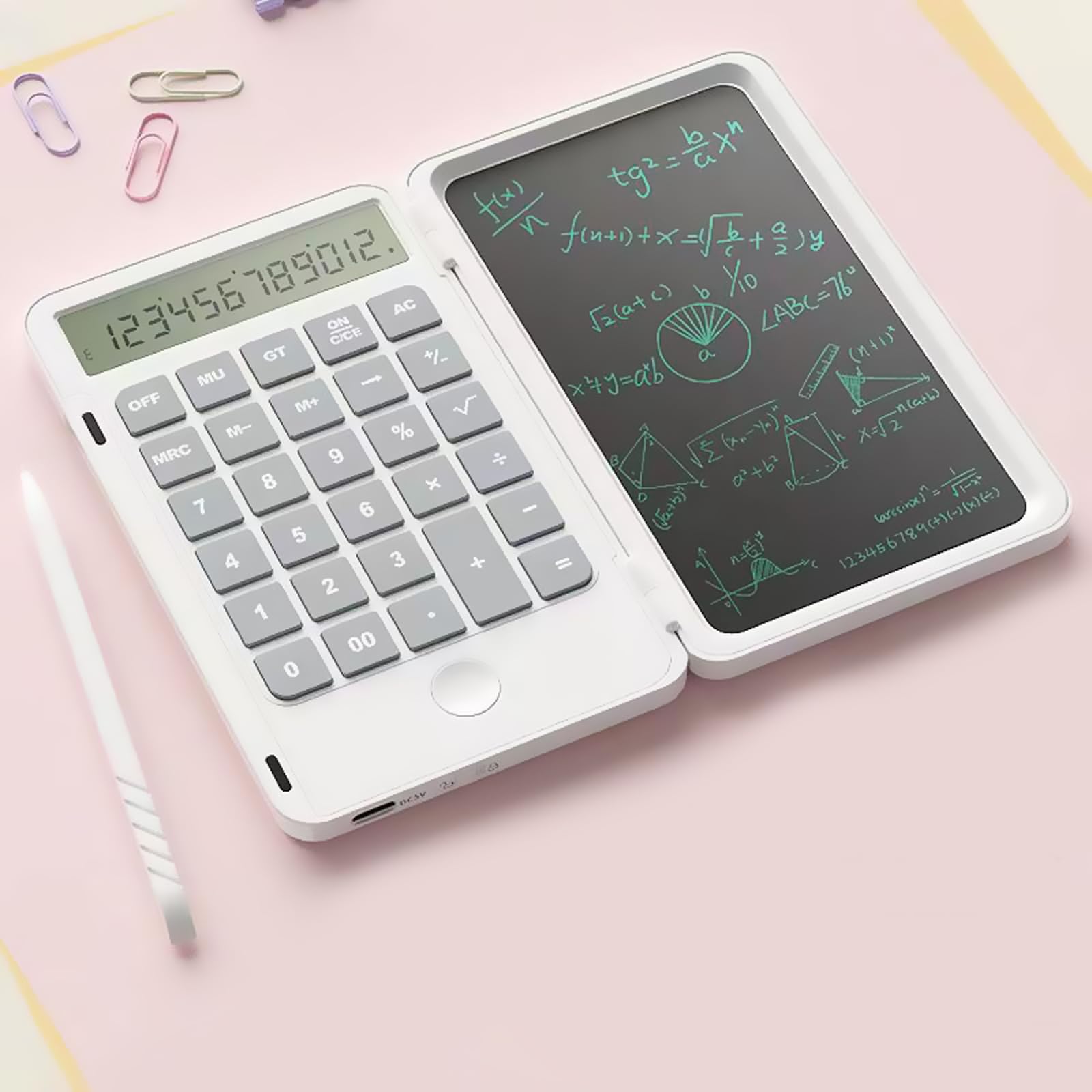 Maizoon Basic Office Calculator with 6 Inch/15.24cm LCD Writing Tablet Rechargeable Foldable Portable Wordpad Ideal for Business Learning Student Home White