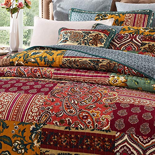 Yayiday Patchwork Cotton Bedspread Quilt Sets King Size Bohemian Pattern - Breathable Floral Quilted Blanket Reversible With Pillow Shams, Modern Stitched Coverlet (Red King) #TOP1