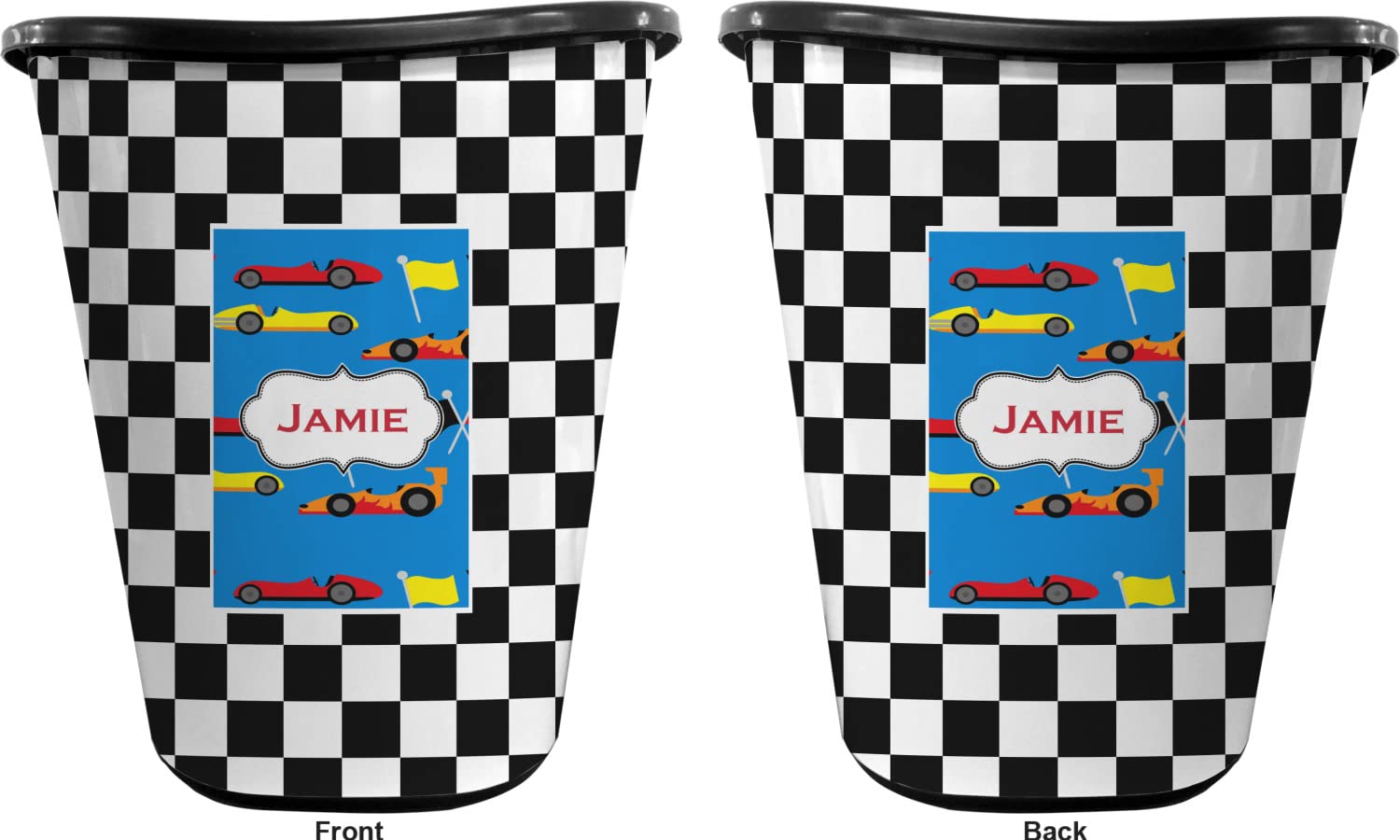 RNK Shops Personalized Checkers & Racecars Waste Basket - Double Sided (Black)