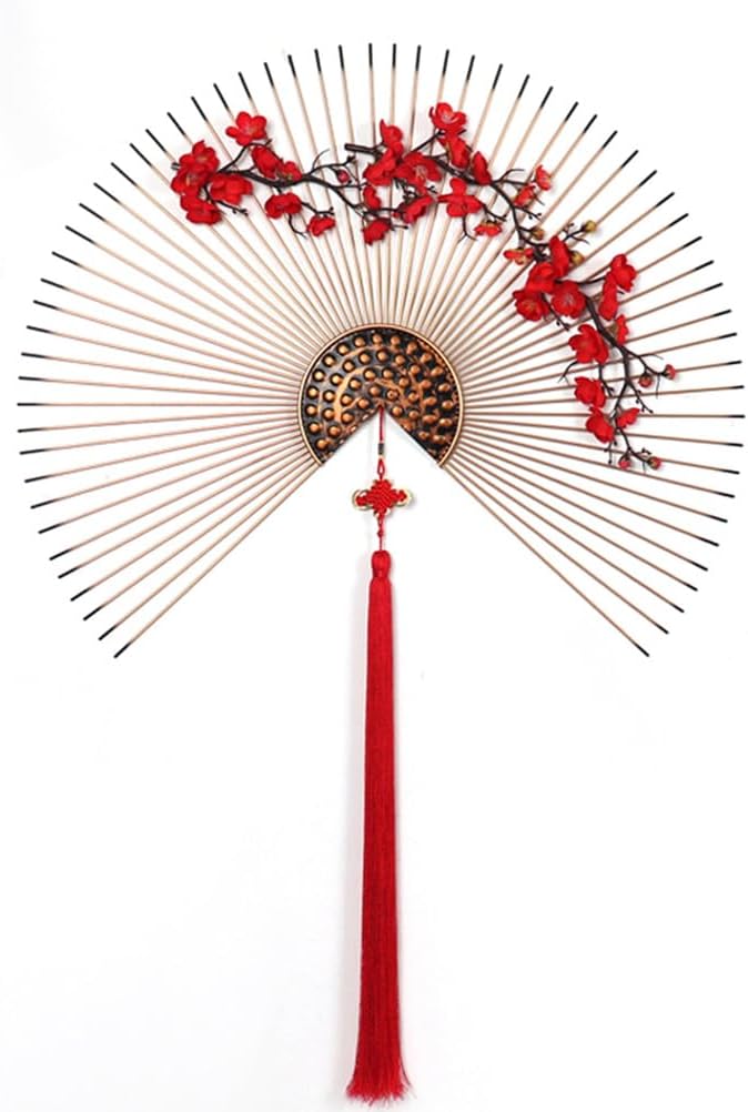 TBATM Metal Wall Decoration- red Chinese fans-Handcrafted Metal Wall Art Ornament Wall Hanging Decor for Living Room Bathroom Bedroom Kitchen Office hotel,50cm/20in