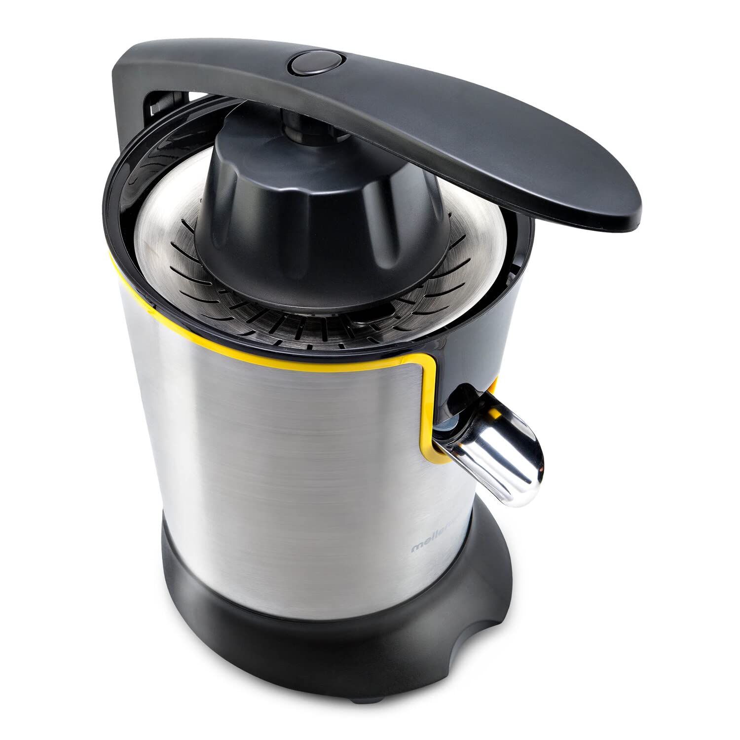 Mellerware - Exprimidor Eléctrico Profesional Juicy! 300W | Vertido Continuo | Sistema Antigoteo | 2 Filtros | 2 Conos intercambiables | Motor AC | Apto Lavavajillas | Zumos de naranjas | Amarillo