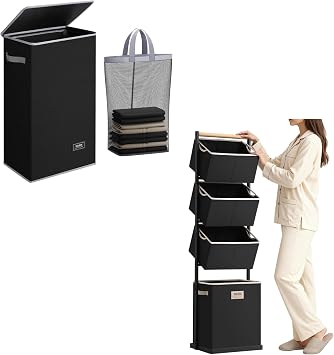 SOLEDI Slim Laundry Hamper with Lid and 4 Section Laundry Hamper Sorter, Stackable Laundry Basket Organizer with Removable Basket, 125L 4-Tier Vertical Laundry Sorter for Small Space, Laundry Room