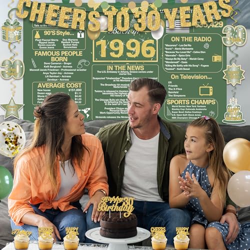 Image of Crenics Green and Gold 1966 30th Birthday Decorations for Him Her | Back in 1996 Backdrop, Banner, Paper Pom Poms, Hanging Swirls, Cake Topper and Balloons for 30 Birthday Party Supplies