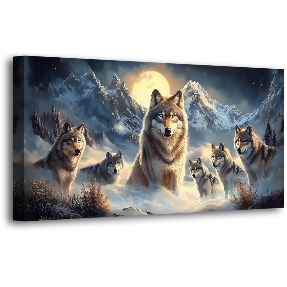 Wolf Pack Pictures Canvas Wall Art for Living room Office Bedroom Wall Decor, Moon Wall Art Print Paintings Modern The Wolf Gray Zoon Artwork Waterproof Ready to Hang-20x40inch