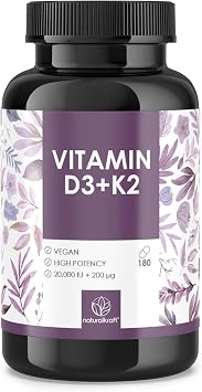 Premium Vitamin D3 + K2, 20,000 IU + 200 mcg, Depot 180 Capsules, High Strength & Vegan German Brand Quality