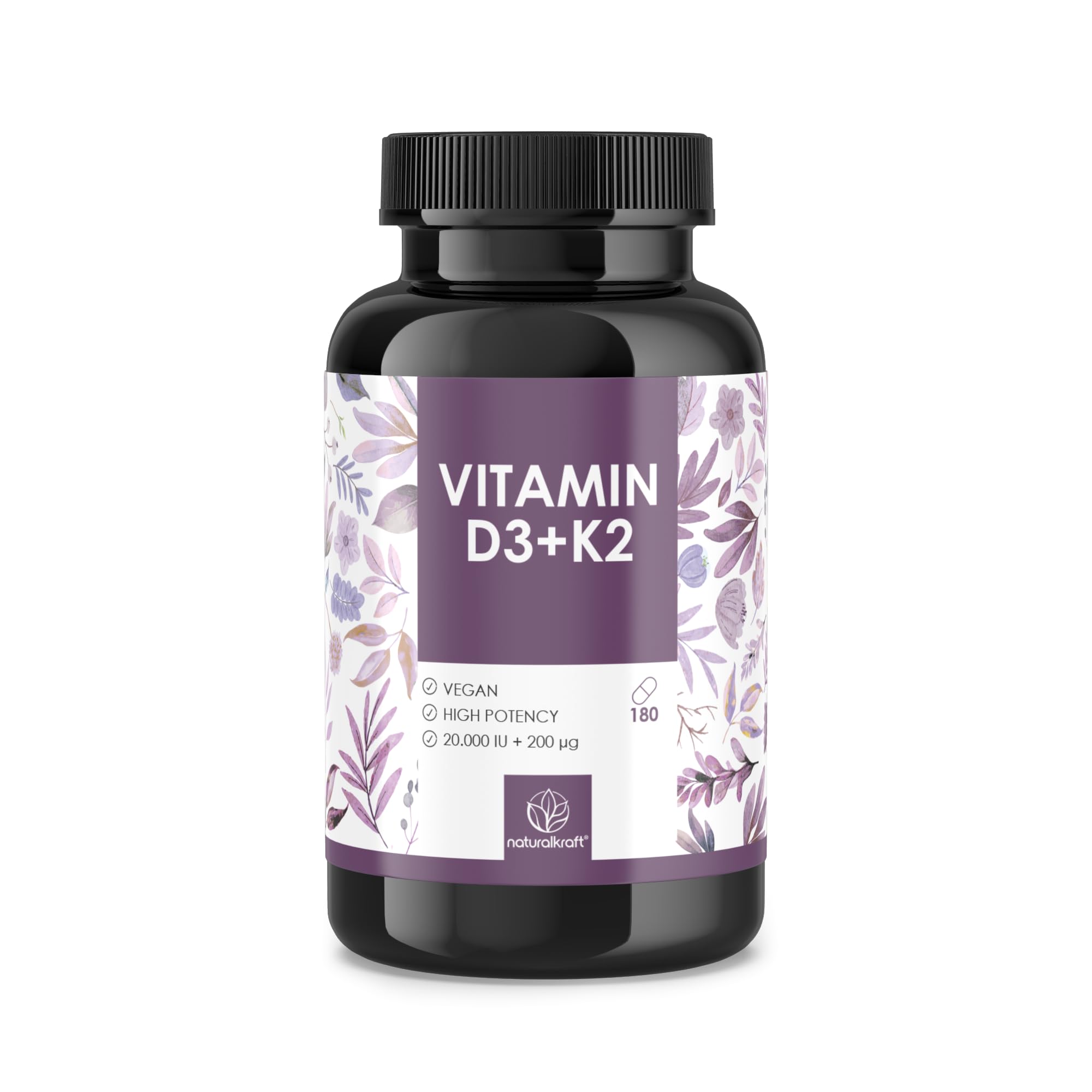 Premium Vitamin D3 + K2, 20,000 IU + 200 mcg, Depot (180 Capsules, High Strength & Vegan) – German Brand Quality