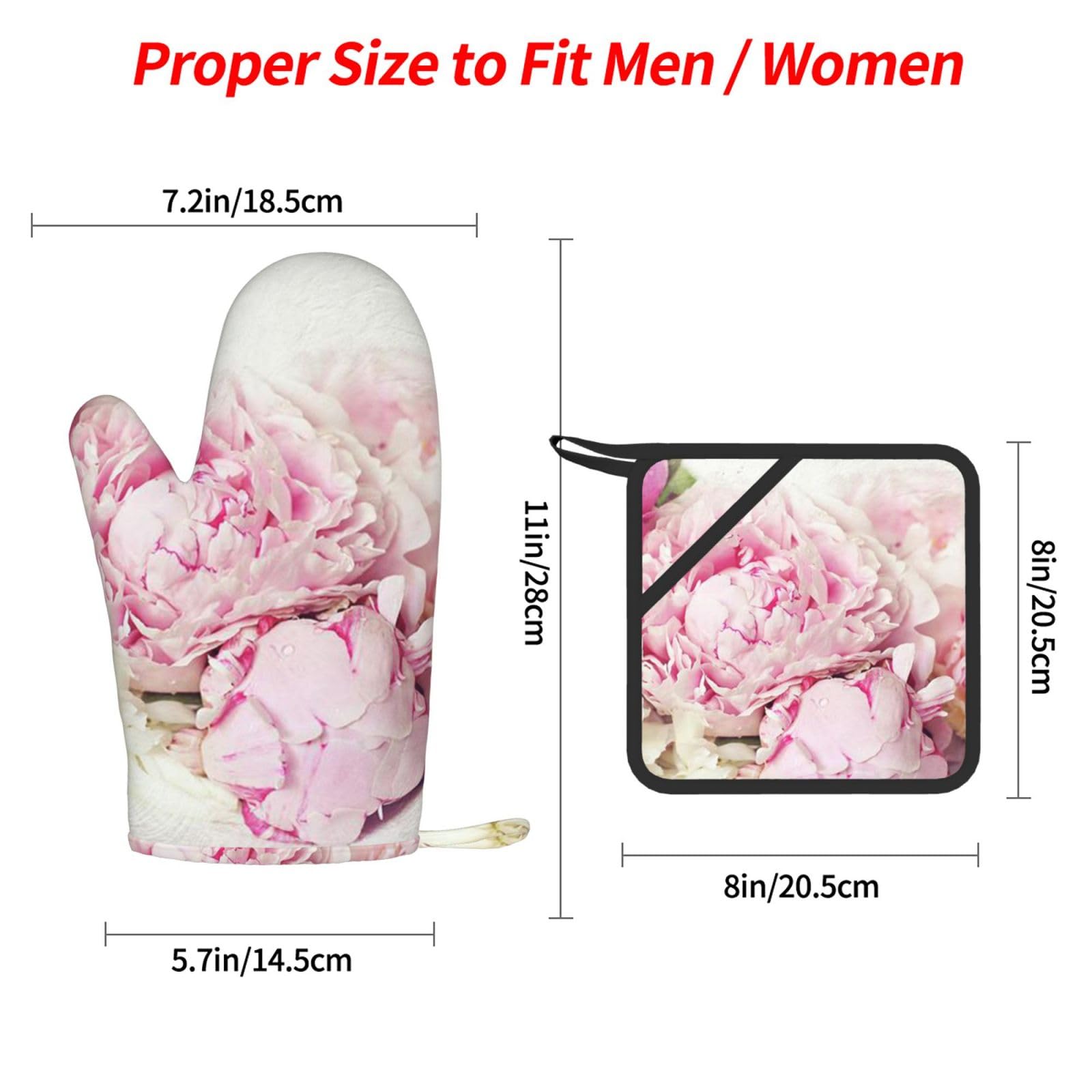 Pivoines sur Fond Blanc,Gants de Cuisine et maniques (Lot de 4), antidérapants Gants de Four résistants à la Chaleur