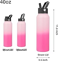 Vista 9 de BJPKPK - Botellas de agua aisladas con tapa de popote, botellas de agua de acero inoxidable de 40 onzas con 3 tapas, termo a prueba de fugas libre