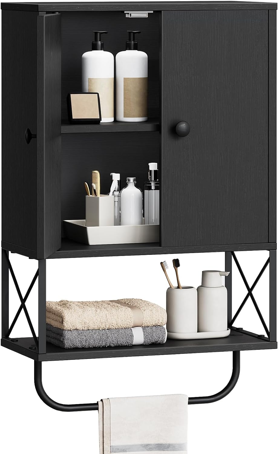 Bathroom Wall Cabinet with 2 Door and Adjustable Shelf, Farmhouse Medicine Cabinet with Towel Rack, 3-Tier Wall Mounted Storage Cabinet Over The Toilet for Bathroom Laundry Room, Black Black 15"L x 7.9"W x 26.1"H