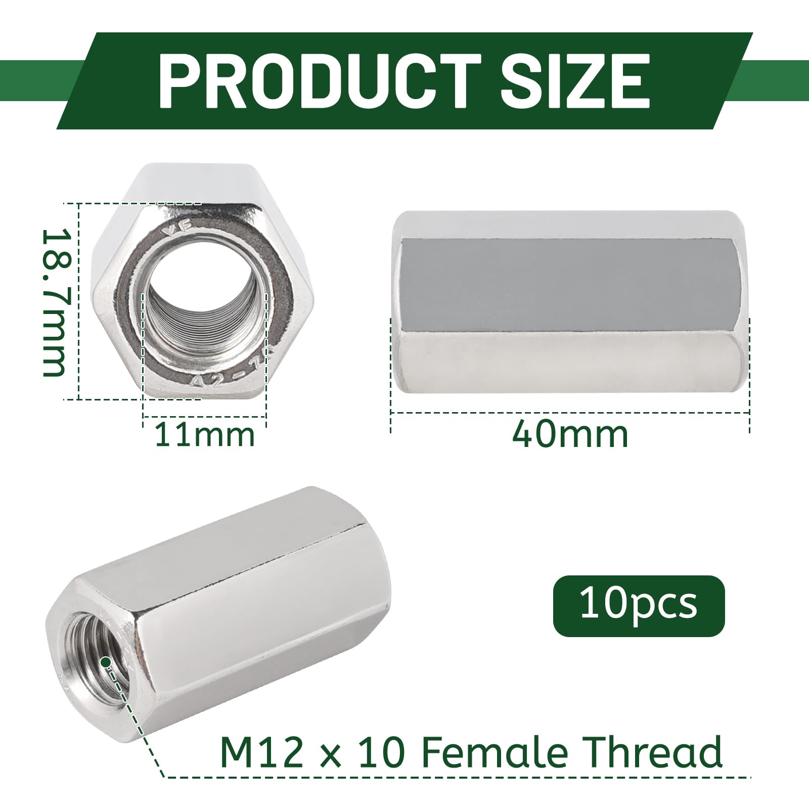 LALAGO 10 Stück M12 x 40mm Edelstahl Verbindungsmuttern Langmuttern aus VA V2A A2, Einschraubmutter Verbindungsmuffen Sechskant, Quermutterbolzen Gewindehülsen Distanzmuffen Langmuttern