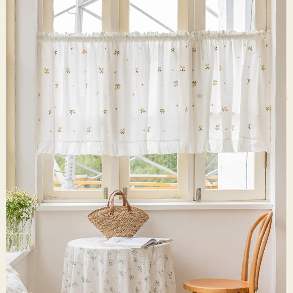 Rideau brodé de Fleurs françaises avec Volants, Rideau Court de Cuisine en Coton Rustique pour Salle de Bain, bistrot, Demi-Rideau pour Petites fenêtres (Color : Jaune, Size : WxH 135x140cm/53x55in