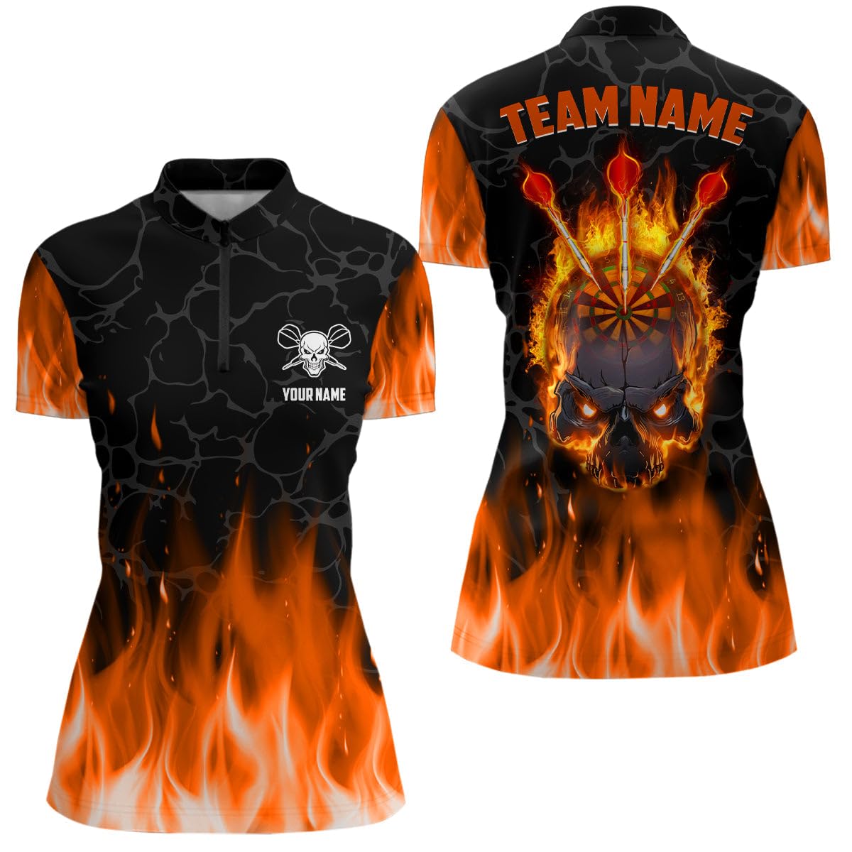 Orange Flammen Schädel Darts Polo & Quarter-Zip Shirt – Individuelles Gruseliges Darts Shirt für Herren & Damen – Dart Trikots L1421