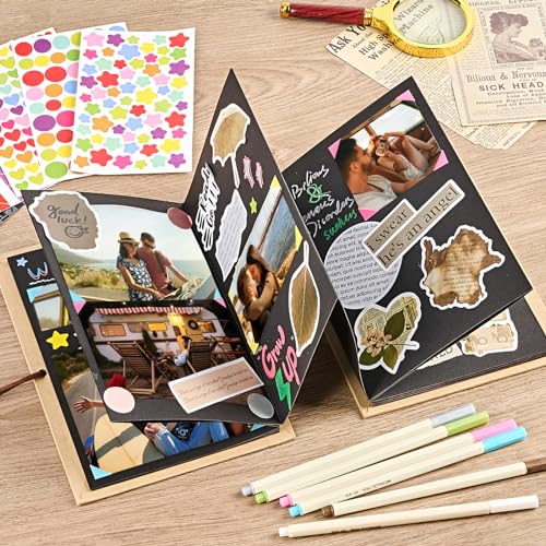 Mauproy 6 x 8 Inch Small Scrapbook Album with Black Pages, Stretchable Folding Photo Album with DIY Accessories Kit, Hardcover Memory Book Accordion Adventure Scrapbook