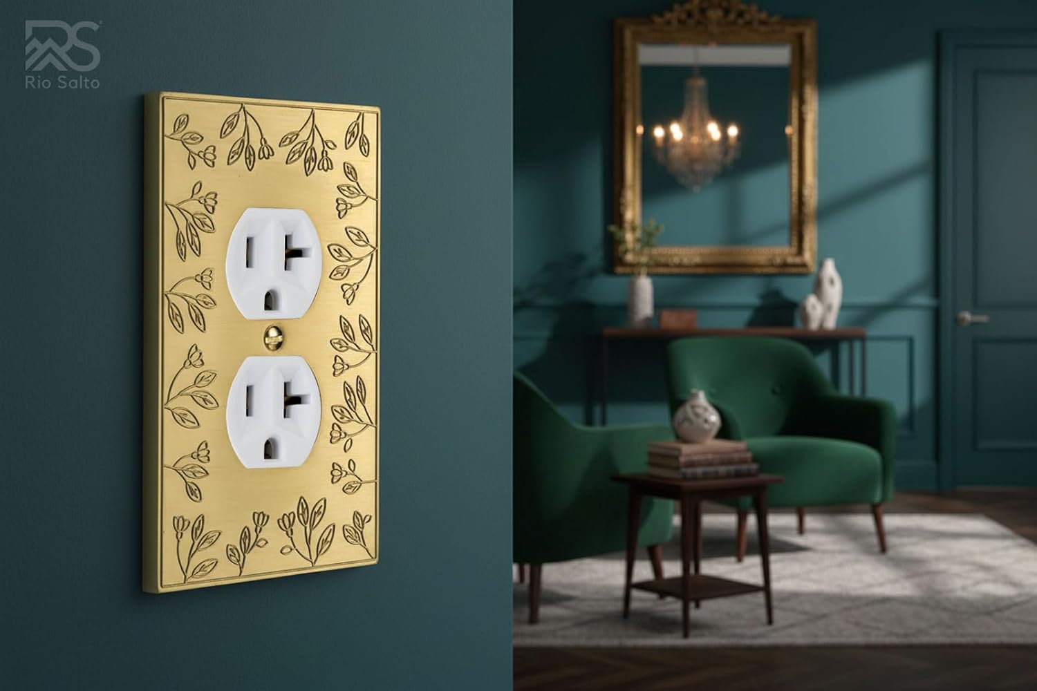 Rio Salto Flower Collection Single Gang Duplex 4 Pack – Brushed Brass Gold Metal Outlet Cover, Light Switch Covers Decorative Midsize 5" x 3.13" Plug Cover Plate, Luxury Artisanal Premium Wall Plate