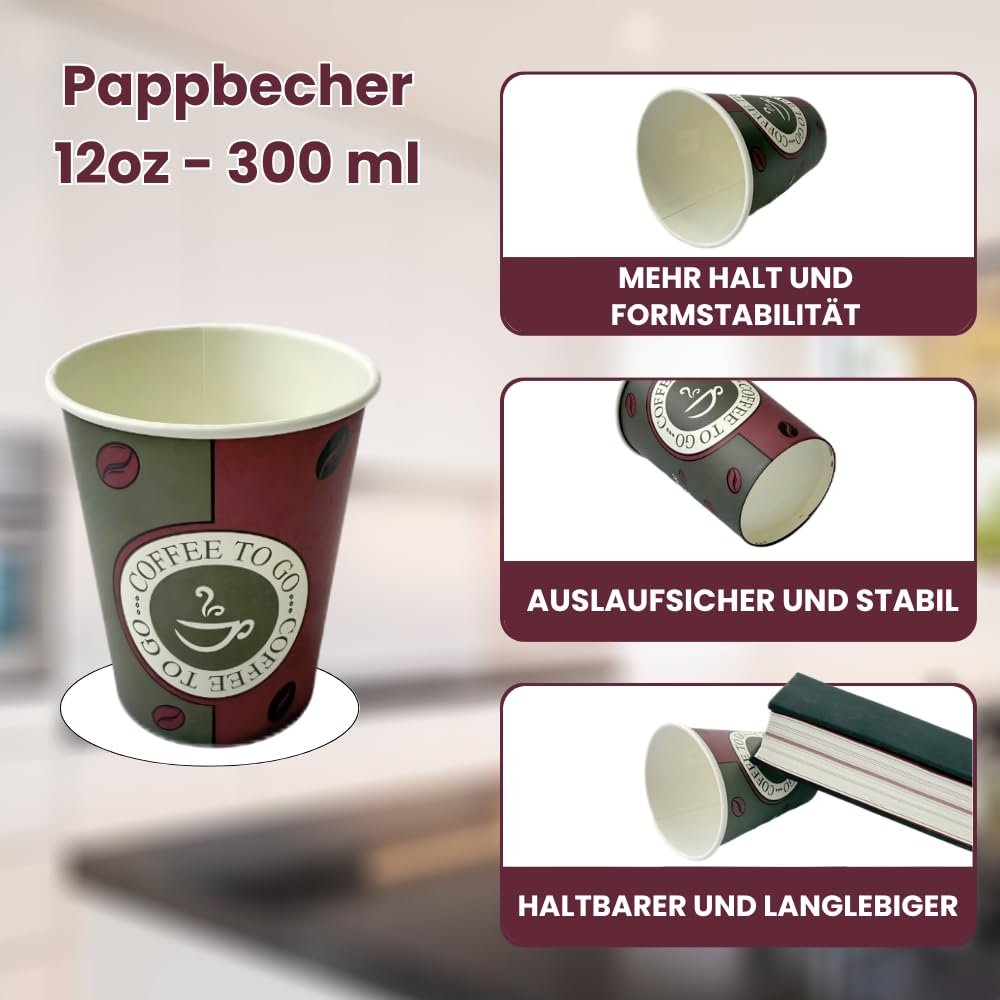 Kaffeebecher 300ml - 1000 Stück | ⌀ 90mm | Auslaufsichere Kaffeebecher to go Einweg - Ideal für Heißgetränke wie Kaffee & Tee | Stabile Espressobecher bzw. Pappbecher als Einwegbecher