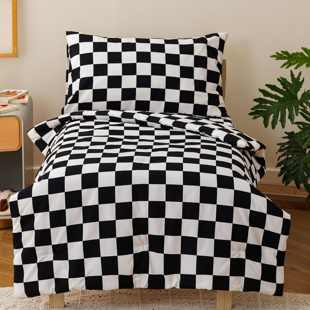 CLOTHKNOW 4Pieces Black White Plaid Toddler Bedding Sets for Boys Girls Comforter Soft Crib Bed Set Including Comforter, Flat Sheet, Fitted Sheet and Pillowcase