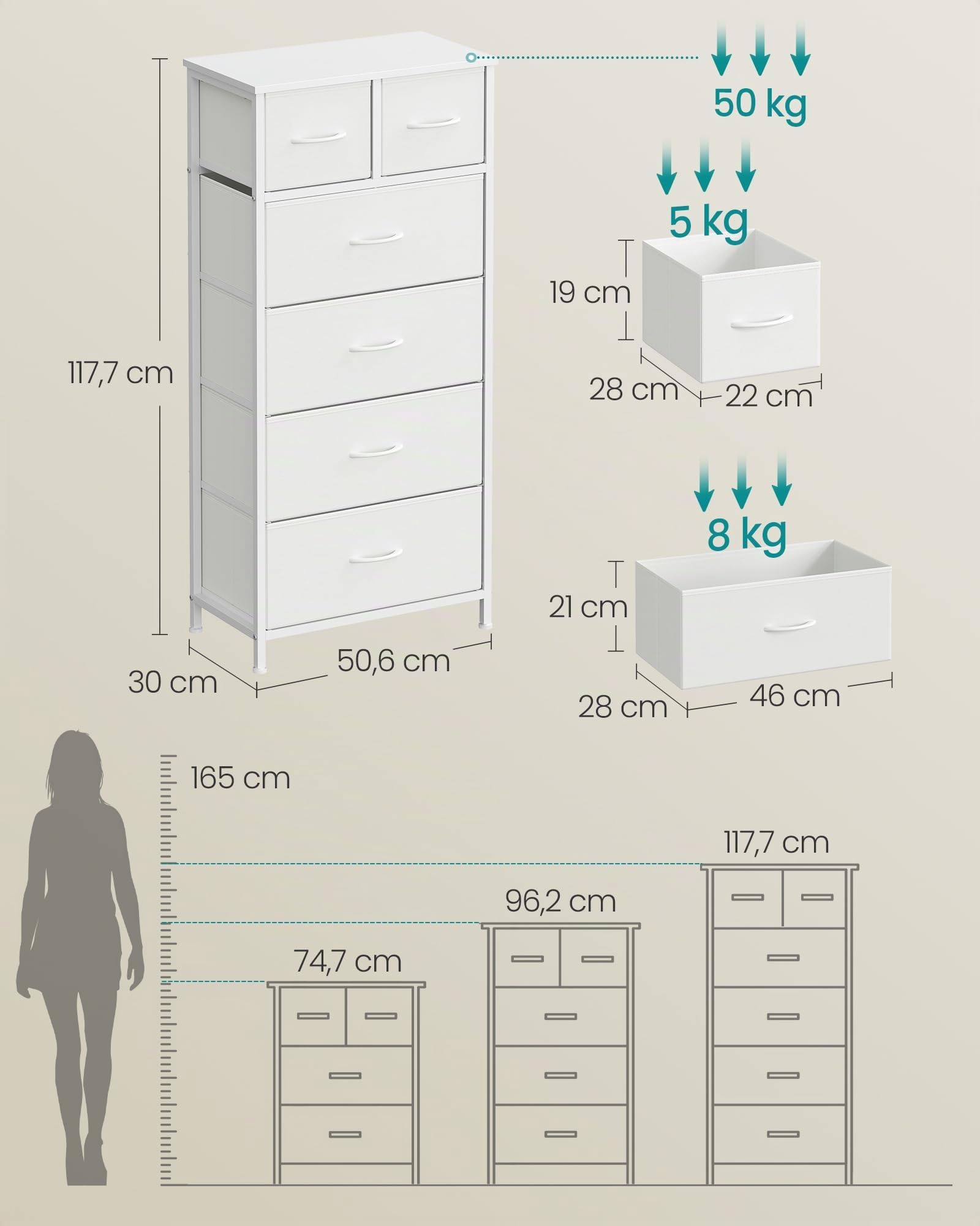 SONGMICS Cassettiera, Mobiletto con 6 Cassetti in Tessuto, Organizer per Armadio, Struttura in Acciaio, 50,6 x 30 x 117,7 cm, per Camera da Letto, Bianco Neve, Collezione BELLAH LGS541W101