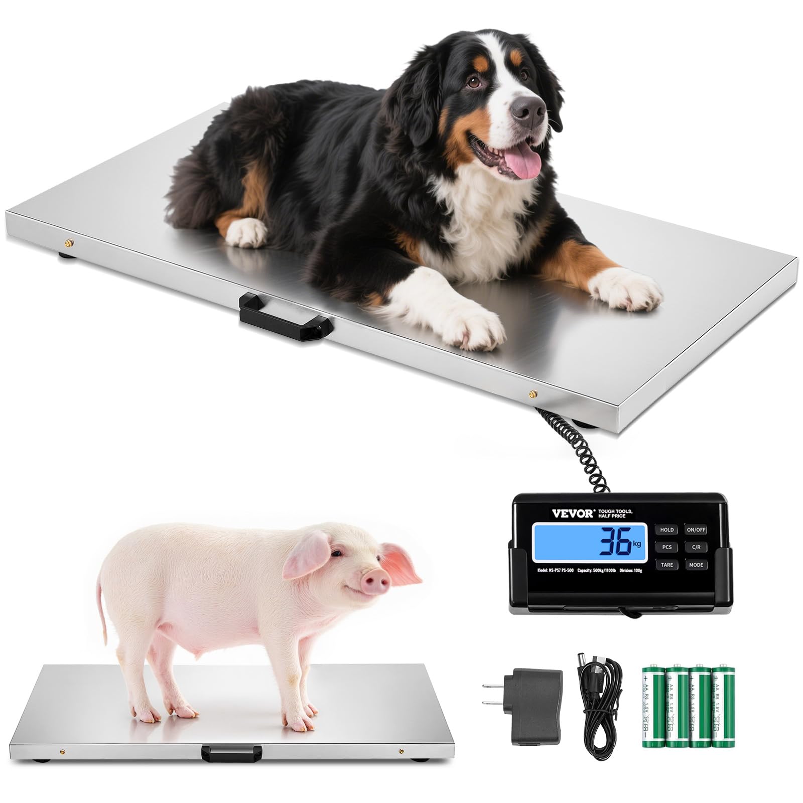 Photo 1 of VEVOR 1100Lbs x 0.2Lbs Digital Livestock Scale Large Pet Vet Scale Stainless Steel Platform Electronic Postal Shipping Scale Heavy Duty Large Dog Hog Sheep Goat Pig Sheep Scal